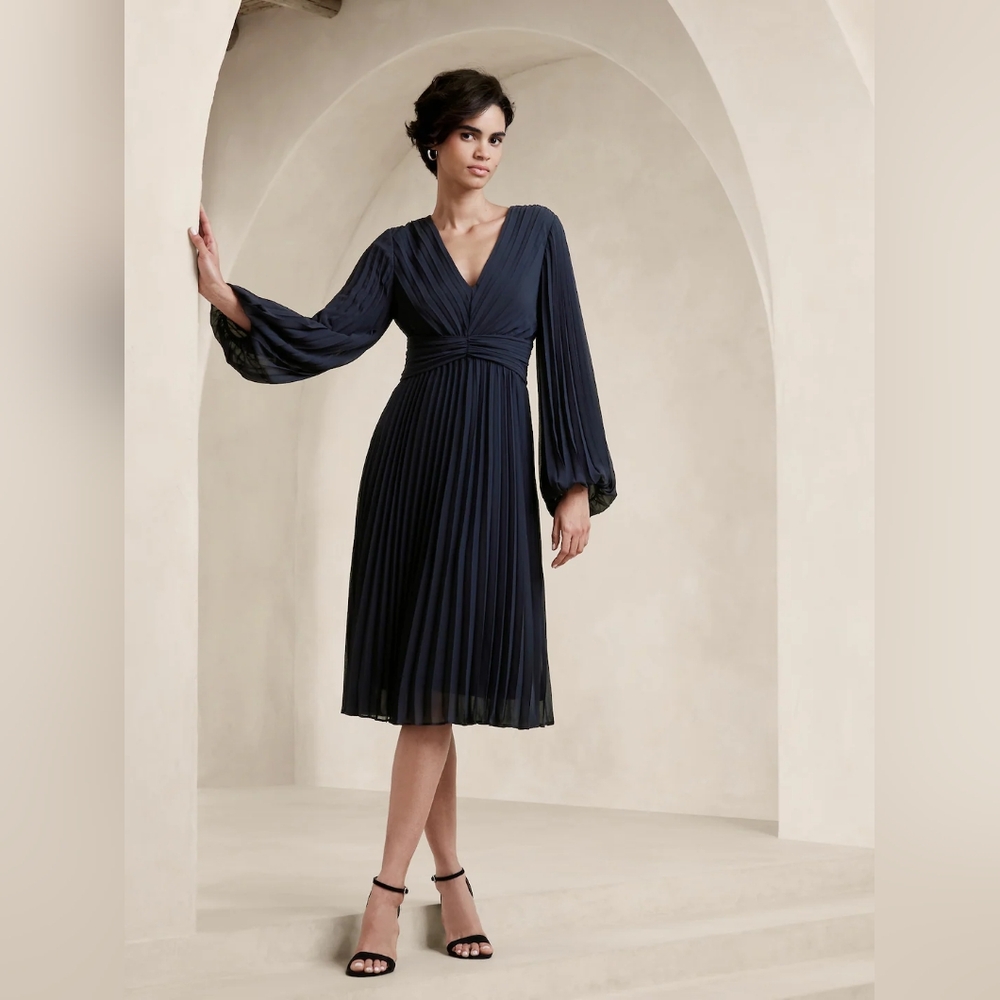Banana Republic Navy Chiffon Pleated Midi Dresses